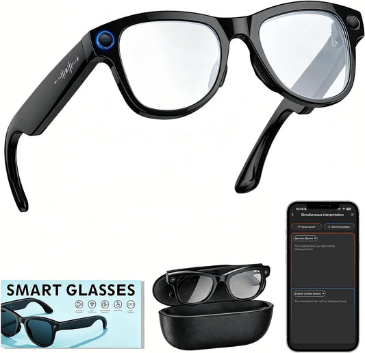 AI Smart Glasses with 8MP HD Camera, 3600mAh Charging Case, Anti-Shake Video Recording, and Voice Assistant for Travel and Business Vlogging
