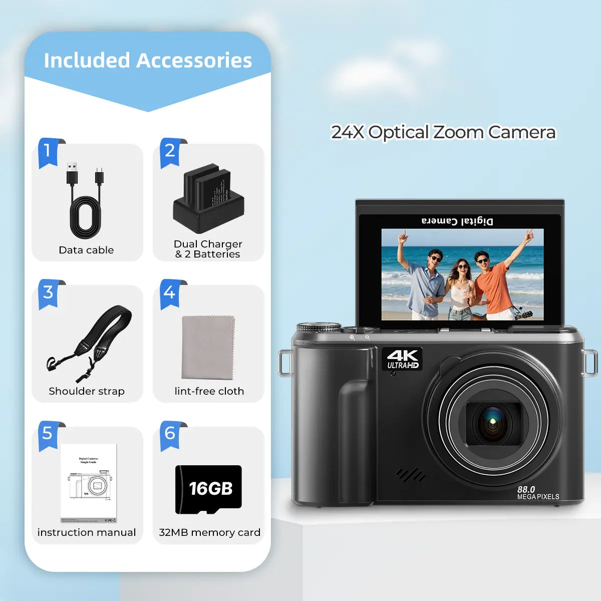 WIKICO 24X Optical Zoom Digital Camera for Photography, 4K 88MP Vlogging Camera for Youtube with 3" 180° Flip Screen, Point and Shoot Cam with 32GB Micro SD Card for Beginner Recording Recording,Summerwins