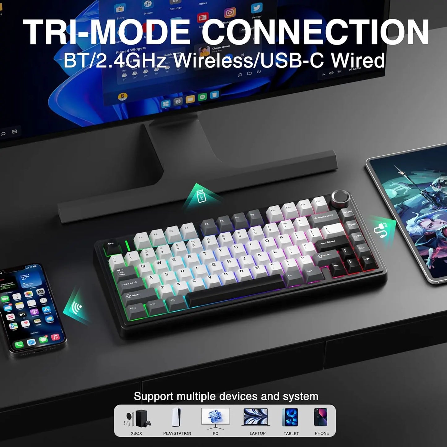 [NEW]AULA F75 HE Wireless Magnetic Switch Custom Gaming Keyboard, 75% Hall Effect Keyboard with Rapid Trigger, 8000Hz Polling Rate , Adjustable Actuation, BT/2.4G/USB-C, Hot Swappable RGB Backlit Keyboard for PC Gamer