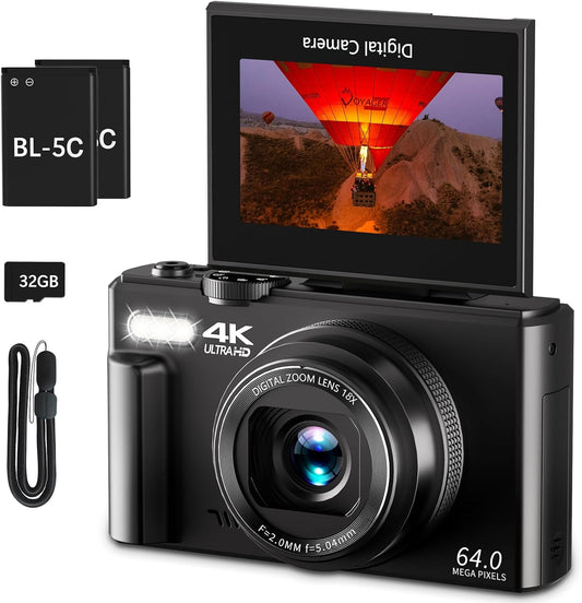 4K Digital Camera for Photography, 64MP Vlogging Camera for Youtube with 3" 180° Flip Screen, 18X Digital Zoom Point and Shoot Camara with 32GB Micro SD Card for Beginner (Black)