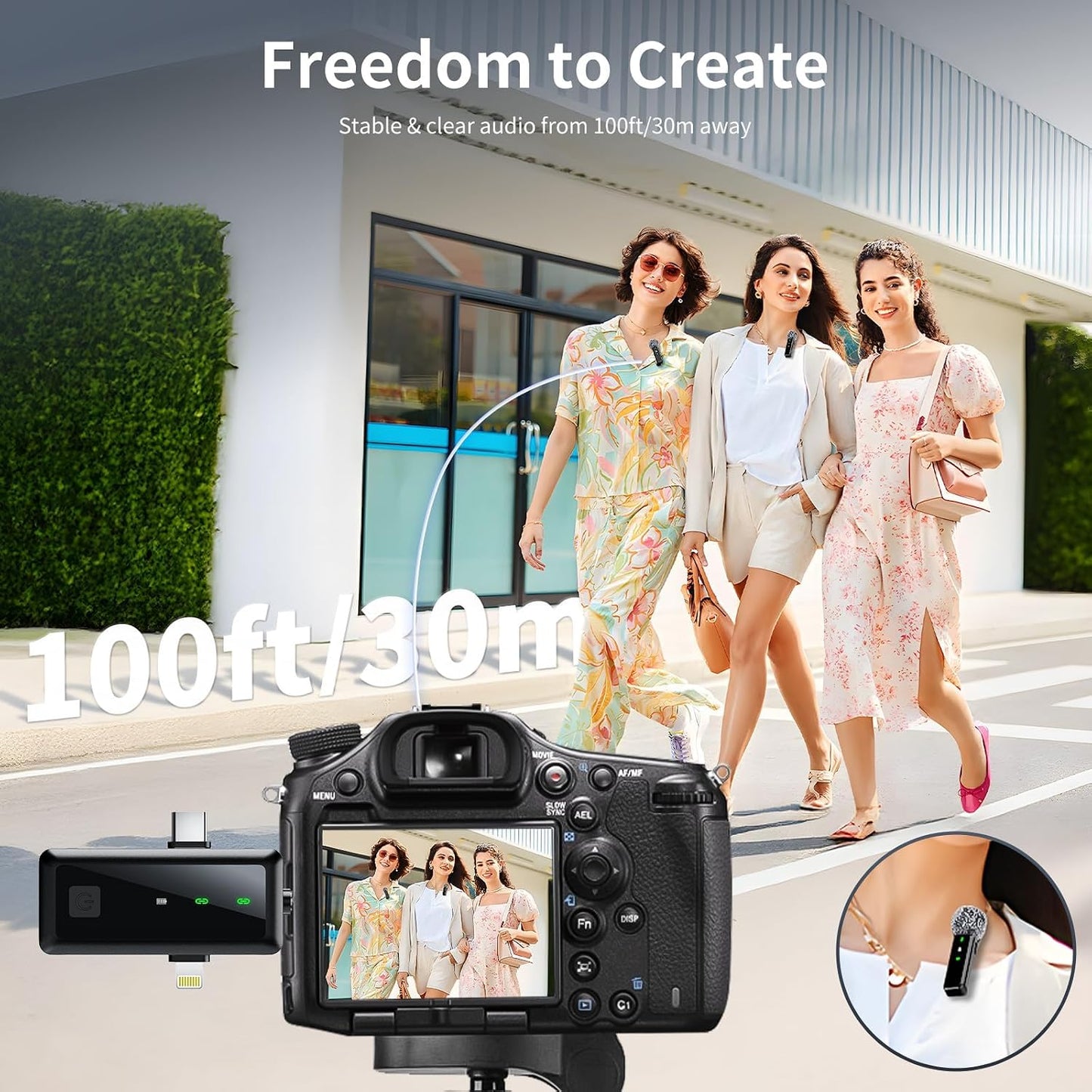 Wireless Lavalier Microphone for Iphone, Android, Camera, 3 in 1 Mini Clip-On Lapel Mic with Noise Canceling & Battery Display, 2 Pack for Tiktok Youtube Vlog Podcast Video Recording