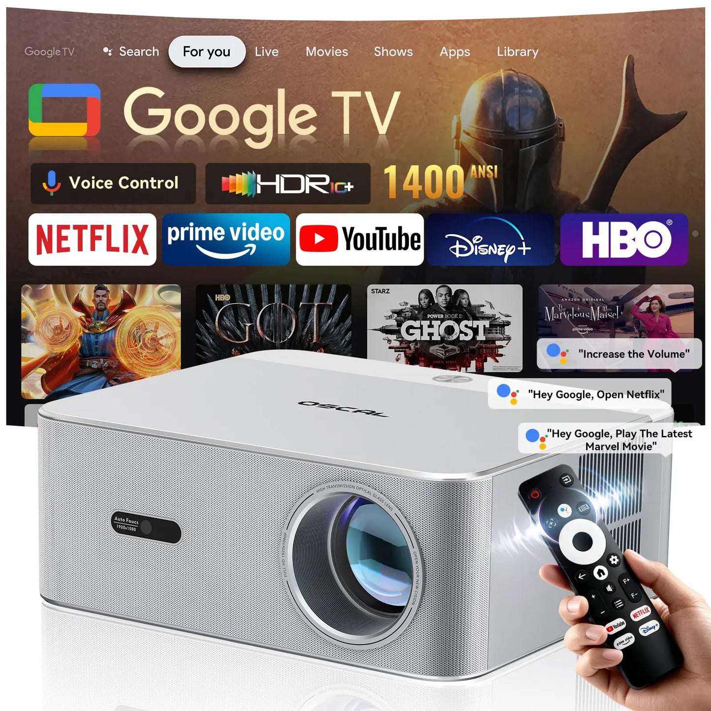 【Dealsforyoudays 】4K 1400 Lumens Projector 200-Inch Screen, Wifi 6 & Bluetooth, Officially Licensed Google TV, Autofocus Hifi Audio, Home Cinema (Phone & Computer Compatible), Indoor & Outdoor Ceiling Mounting