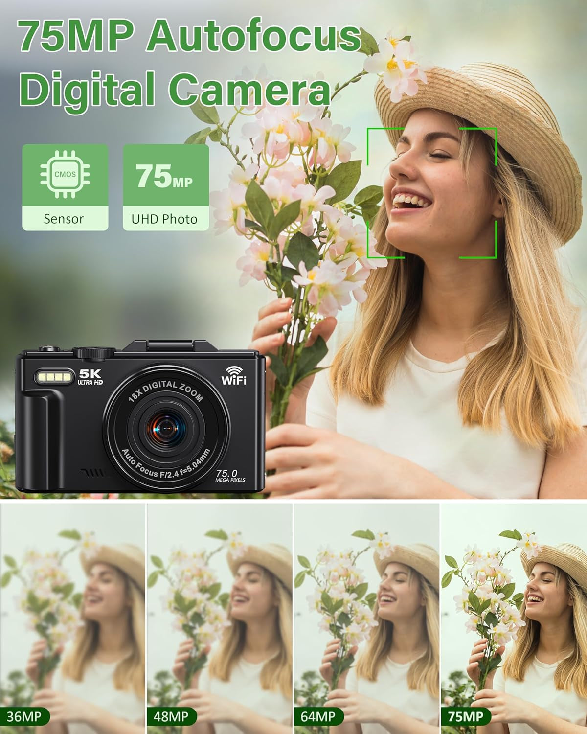 5K Digital Camera for Photography, 75MP Wifi Vlogging Camera for Youtube with 3" 180° Flip Screen, 18X Zoom UHD Autofocus Video Camara with 32GB SD Card, 2 Batteries