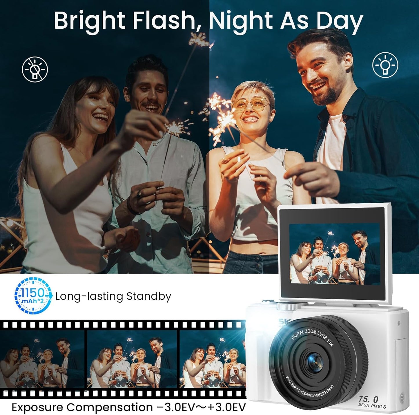 5K Digital Photography Camera with Autofocus, 75MP Resolution, Wifi Connectivity, and 3" 180° Flip Screen, Featuring 18X Digital Zoom, 64GB SD Card, and 2 Batteries - Ideal for Beginners, White
