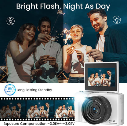 5K Digital Photography Camera with Autofocus, 75MP Resolution, Wifi Connectivity, and 3" 180° Flip Screen, Featuring 18X Digital Zoom, 64GB SD Card, and 2 Batteries - Ideal for Beginners, White