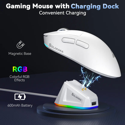 SOLAKAKA SM822 Tri-Mode Wireless Gaming Mouse with RGB Charging Dock, 24000 DPI PAW3311 Sensor, 62G Ultra-Lightweight Programmable Design for PC Gamers, Gaming Accessories