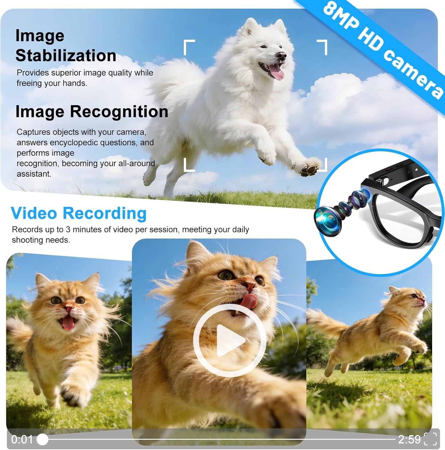 AI Smart Glasses with 8MP HD Camera, 3600mAh Charging Case, Anti-Shake Video Recording, and Voice Assistant for Travel and Business Vlogging