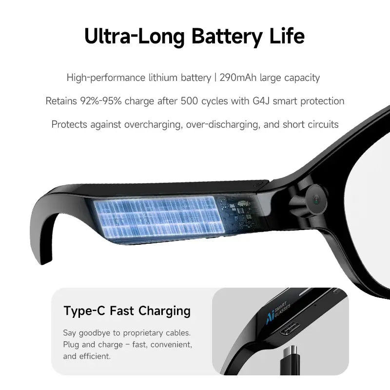 AI Glasses for Men & Women, Smart Glasses with Camera , 2MP Anti-Shake Video Recording, 39G Lightweight ,290Mah Battery ,Support AI Translation, Voice Assistant, Bluetooth Calling ,Music Control ,Easy-To-Use Wearable
