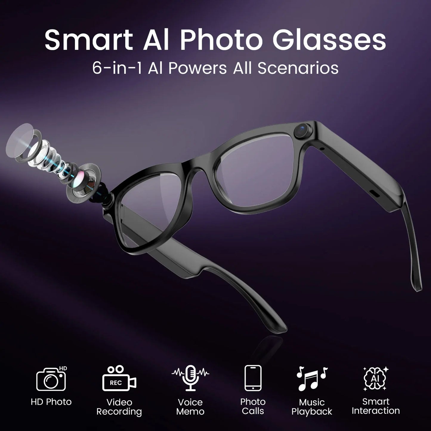 AI Smart Glasses with 200W Pixels, Equipped with a Camera and Video Glasses