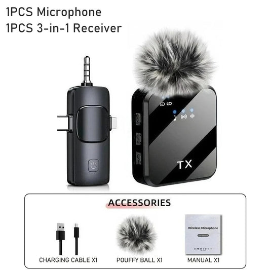 3-in-1 Wireless Lavalier Microphone for Cameras, Android, and iPhone - Ideal for Video Recording and Podcasting with Noise Reduction Technology