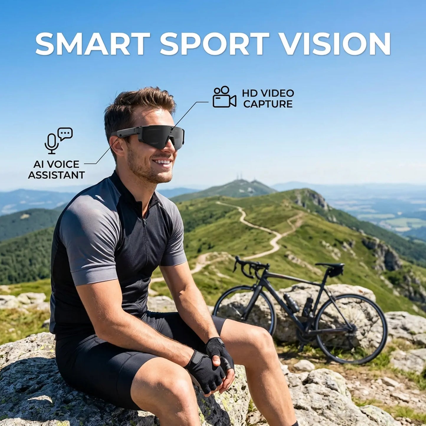 Smart Sports Glasses with 8MP Camera, 2K Photo/1200P Videorecording Wearable Glasses, IP54 Waterproof Multifunctionalwireless Audio Bluetooth Glasses with Headphone, Outdoorsports Polarized Sunglasses with Al Voice Assistant, Uvprotection Eyeglass