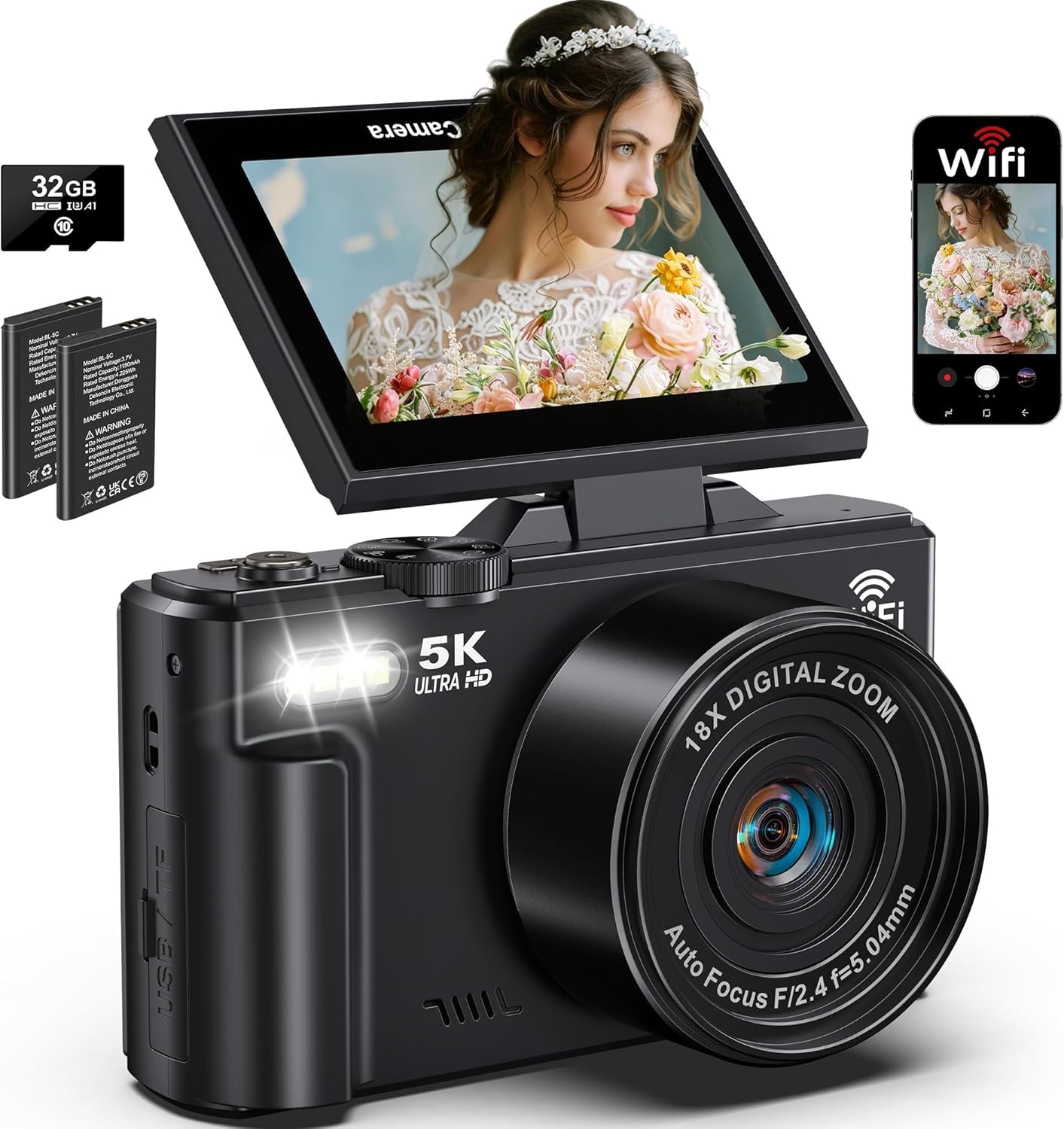 5K Digital Camera for Photography, 75MP Wifi Vlogging Camera for Youtube with 3" 180° Flip Screen, 18X Zoom UHD Autofocus Video Camara with 32GB SD Card, 2 Batteries