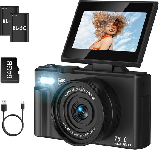 5K Digital Camera with 75MP Autofocus, WiFi Connectivity, 3" 180° Flip Screen, 18X Digital Zoom, 64GB SD Card, and 2 Batteries - Ideal for Photography and Vlogging Beginners, Black
