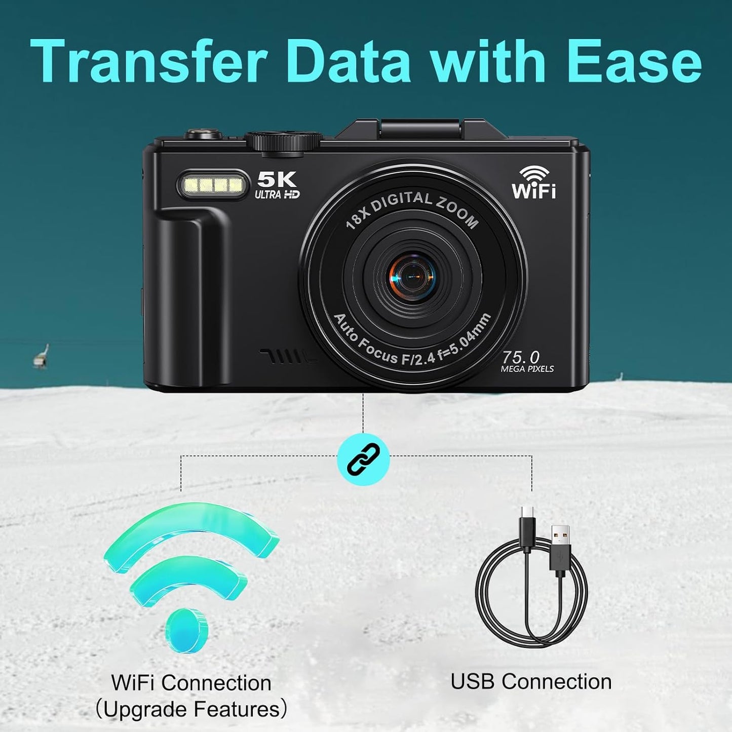 5K Digital Camera for Photography - 75MP Wifi Vlogging Camera for Youtube - UHD 18X Zoom Digital Cameras with Flip Screen 3" 180° - Travel Flash Camara with 32GB SD Card for Beginners & Adults