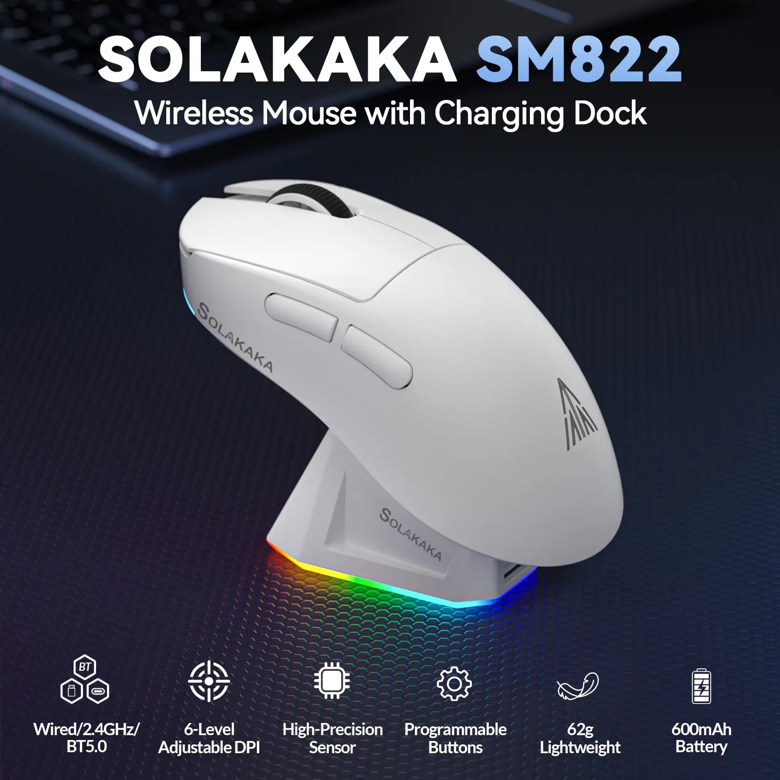 SOLAKAKA SM822 Tri-Mode Wireless Gaming Mouse with RGB Charging Dock, 24000 DPI PAW3311 Sensor, 62G Ultra-Lightweight Programmable Design for PC Gamers, Gaming Accessories