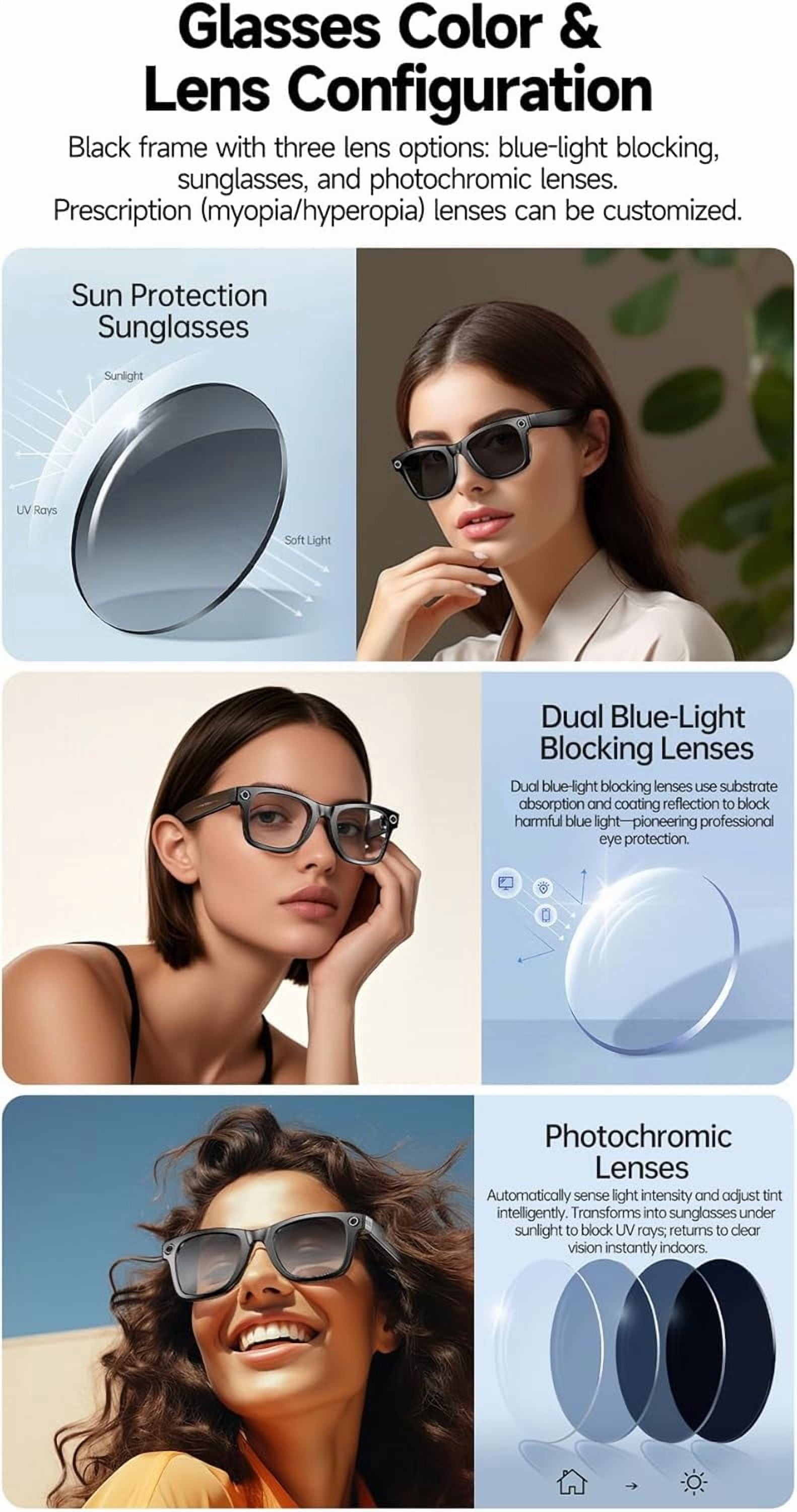 AI Smart Glasses with 800W Camera and 1080P Video, Bluetooth Connectivity, UV Protection, and Anti-Blue Light Features for Daily Use