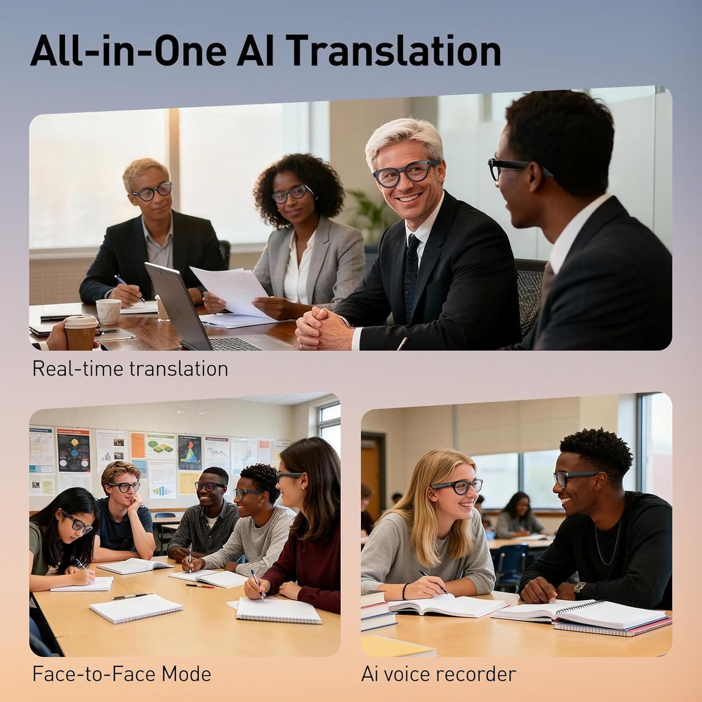 AI Smart Glasses with 2K Camera, 12MP Video Recording, Real-Time Translation, AI Voice Assistant, and Interchangeable Photochromic, Purple, and Blue Lenses