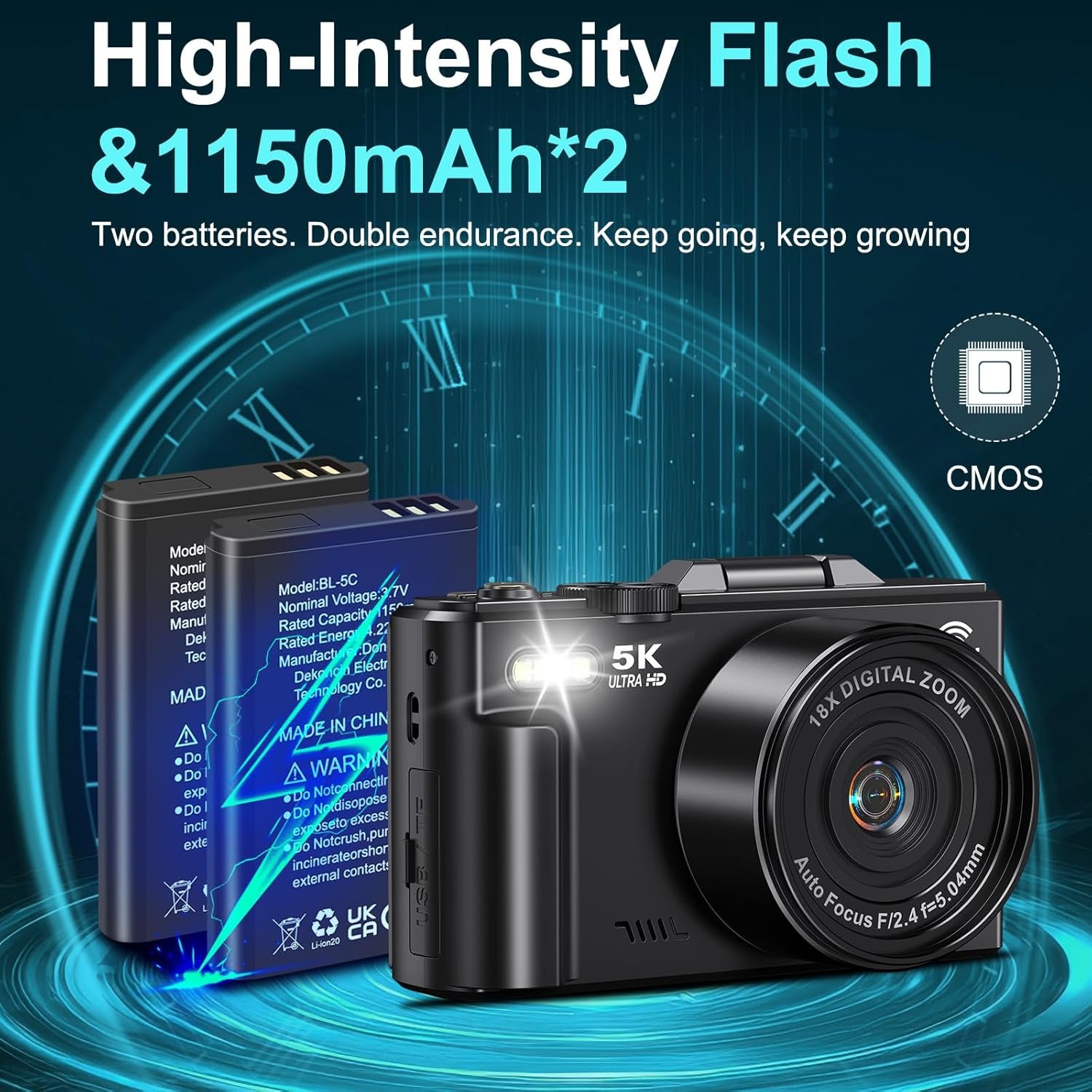 5K Digital Camera for Photography - 75MP Wifi Vlogging Camera for Youtube - UHD 18X Zoom Digital Cameras with Flip Screen 3" 180° - Travel Flash Camara with 32GB SD Card for Beginners & Adults