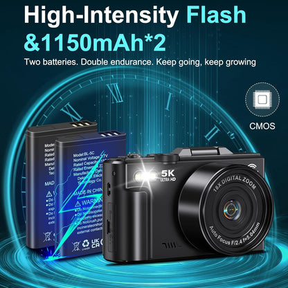 5K Digital Camera for Photography - 75MP Wifi Vlogging Camera for Youtube - UHD 18X Zoom Digital Cameras with Flip Screen 3" 180° - Travel Flash Camara with 32GB SD Card for Beginners & Adults