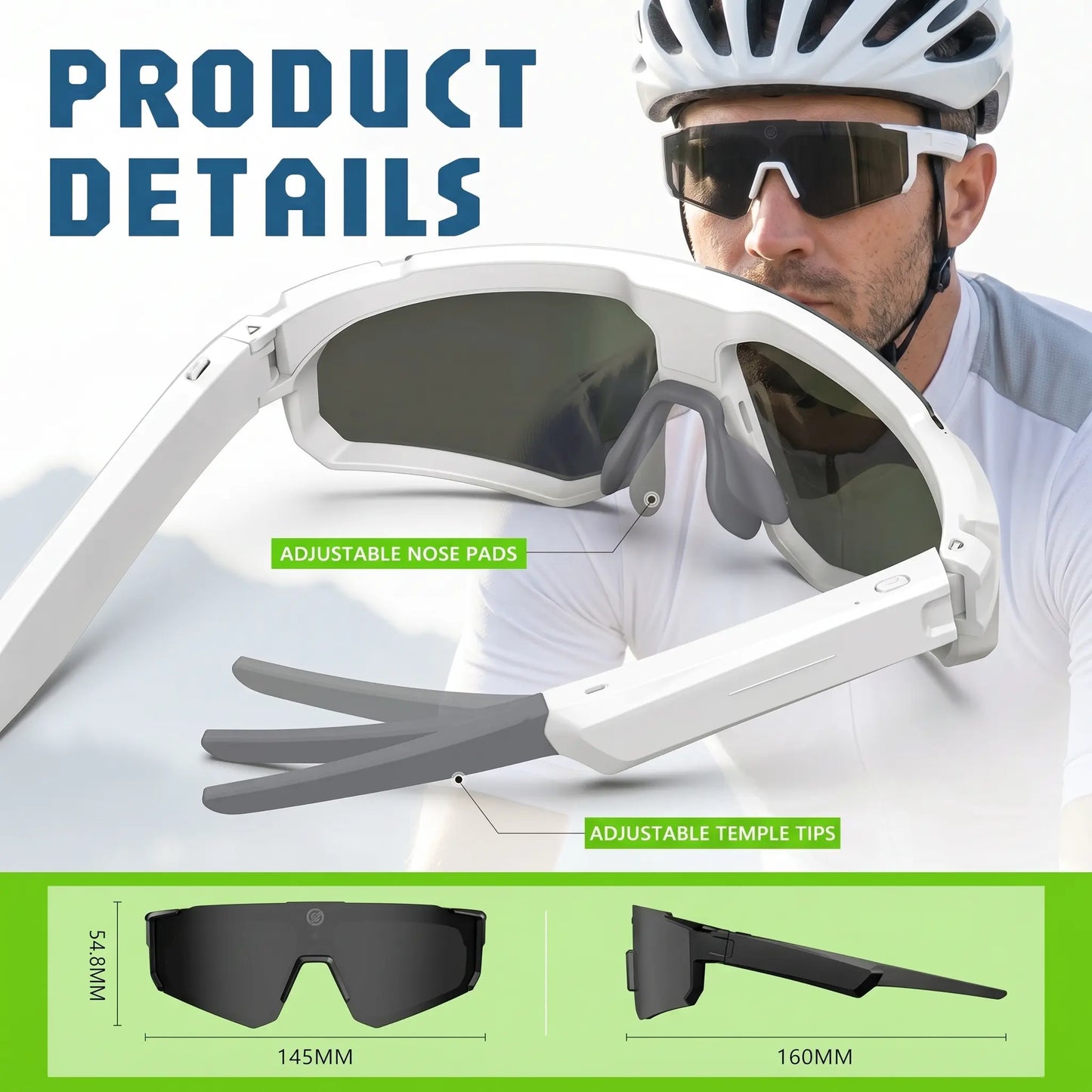 Smart Sports Glasses with 8MP Camera, 2K Photo/1200P Videorecording Wearable Glasses, IP54 Waterproof Multifunctionalwireless Audio Bluetooth Glasses with Headphone, Outdoorsports Polarized Sunglasses with Al Voice Assistant, Uvprotection Eyeglass