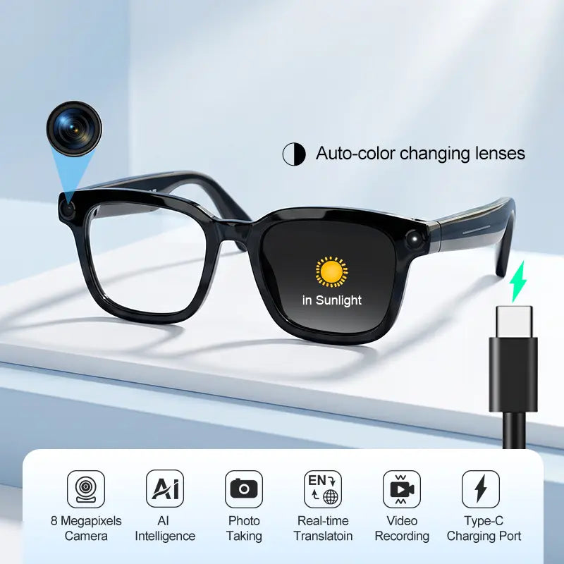 Smart AI Glasses with 8MP Camera, 1200P HD Video & Photo Capture Wearable for Travel, Real-Time Translation Support, Recording Glasses with AI Voice Assistant, Open-Ear Audio, Object Recognition, Bluetooth， Photochromic Lenses
