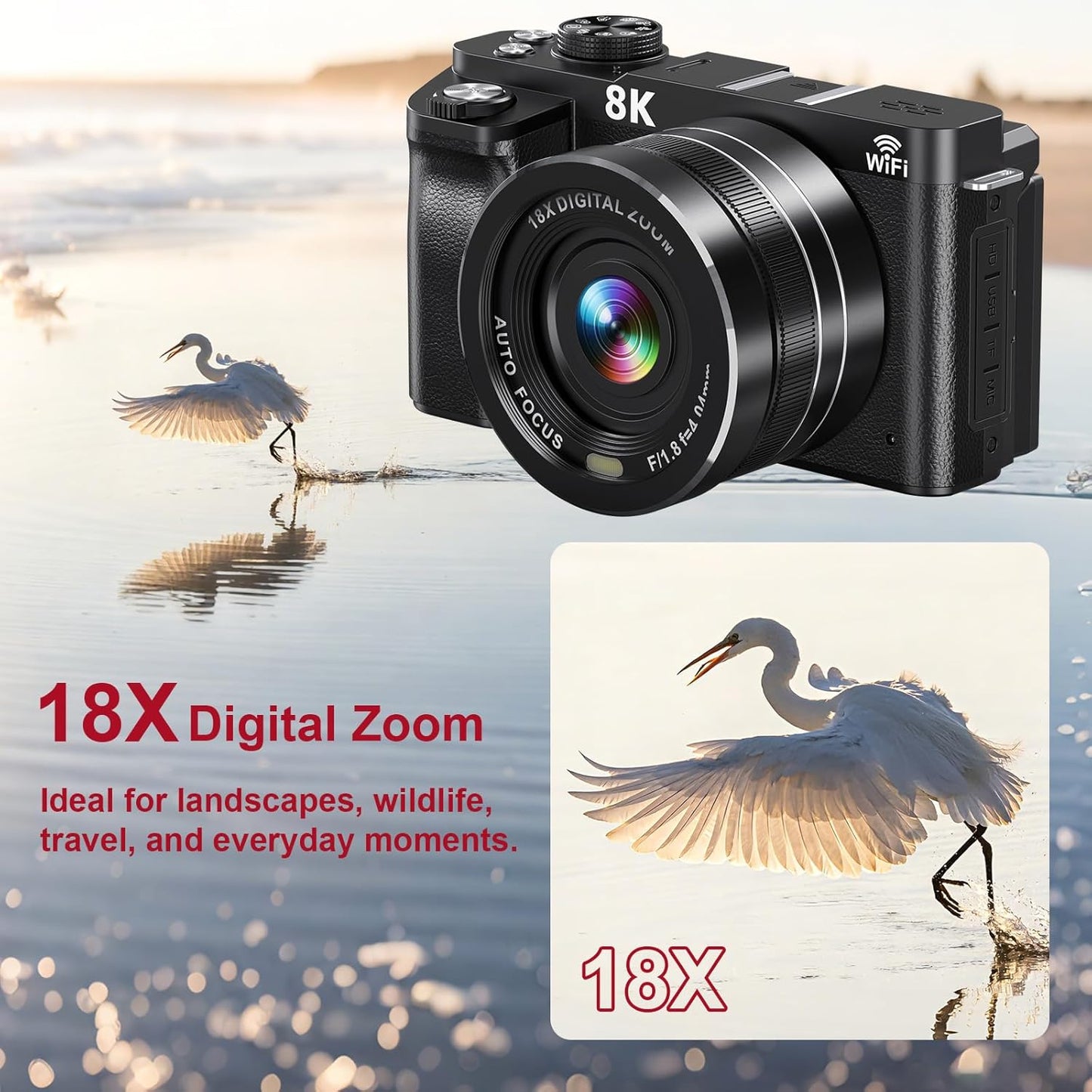 Digital Camera Wifi - 8K 88MP Cameras for Photography - 18X Zoom Vlogging Camera for Youtube with 3" 180° Flip Screen- UHD Autofocus Video Camara with Lens Hood 64GB Card
