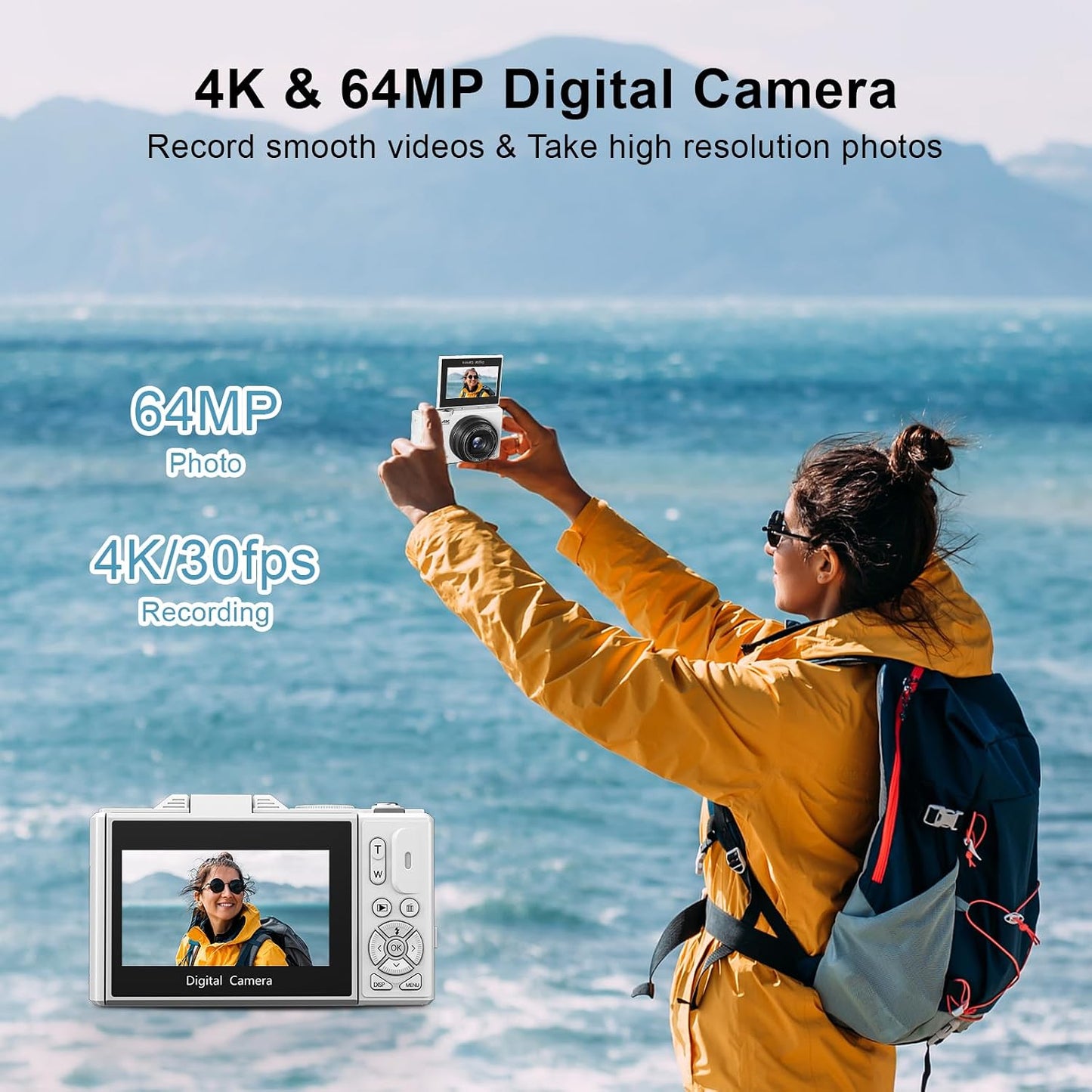 4K Digital Camera for Photography, 64MP Vlogging Camera for Youtube with 3" 180° Flip Screen, 18X Digital Zoom Point and Shoot Camara with 32GB Micro SD Card for Beginner (White)
