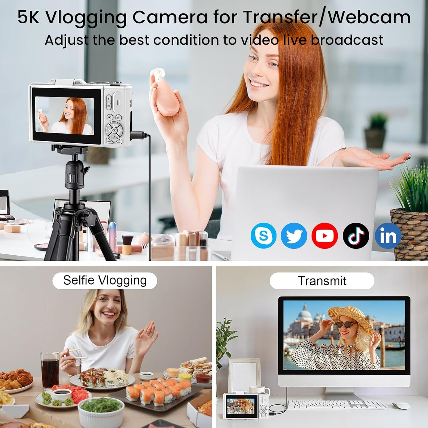 5K Digital Photography Camera with Autofocus, 75MP Resolution, Wifi Connectivity, and 3" 180° Flip Screen, Featuring 18X Digital Zoom, 64GB SD Card, and 2 Batteries - Ideal for Beginners, White