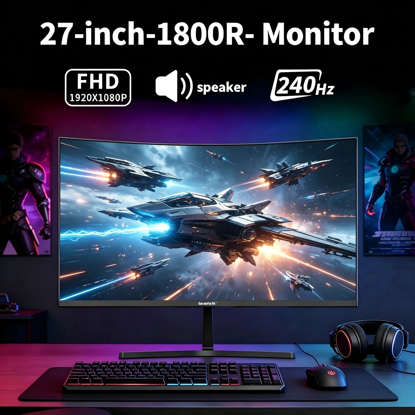 Gawfolk 27 Inch 240Hz Curved Monitor, FHD 1080P Gaming Monitor, Built-In Speakers, Freesync, MPRT 1Ms, 100% Srgb, 3000:1, 1800R,, HDMI 2.0&DP 1.4, VESA 100Mm *100Mm
