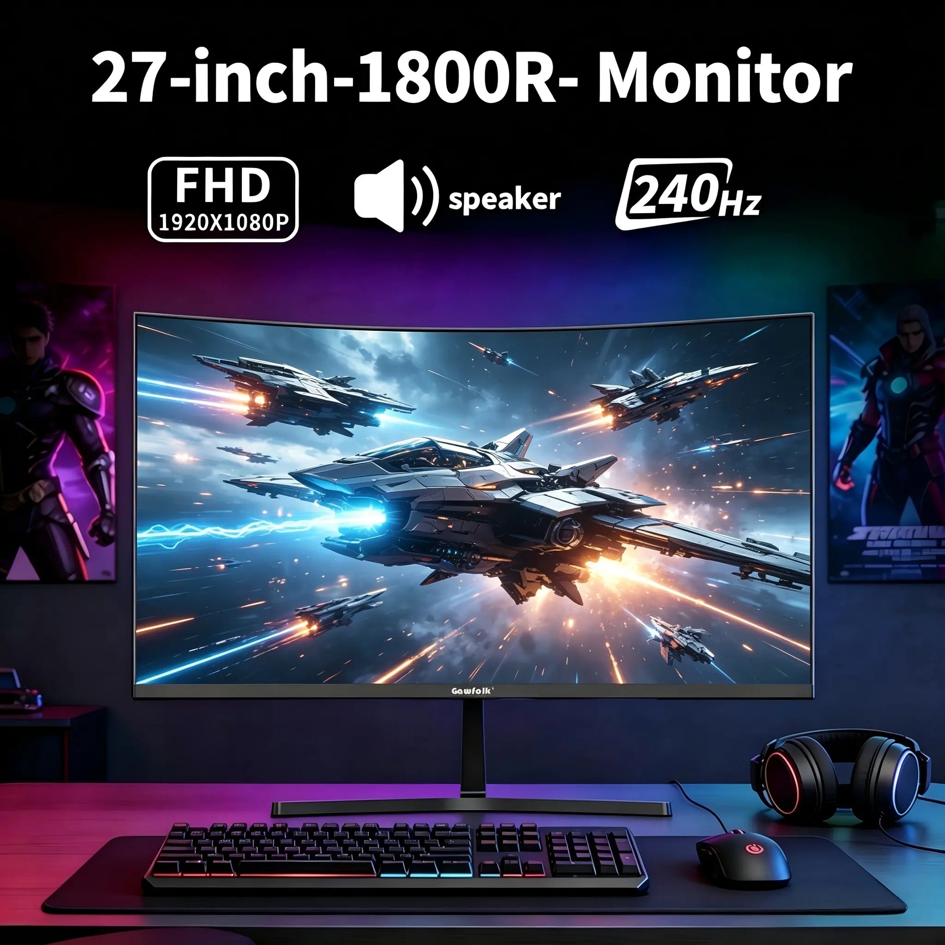 Gawfolk 27 Inch 240Hz Curved Monitor, FHD 1080P Gaming Monitor, Built-In Speakers, Freesync, MPRT 1Ms, 100% Srgb, 3000:1, 1800R,, HDMI 2.0&DP 1.4, VESA 100Mm *100Mm