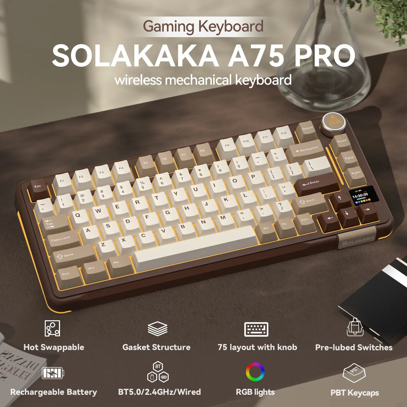 Solakaka A75 Pro Wireless Mechanical Keyboard, Tri-Mode 2.4G/BT5.0/USB-C, RGB Backlit Gaming Keyboard with Screen & Knob, Hot Swappable, Creamy Custom Keyboard for PC Mac Linux Milk Coffee Brown Color Home Office Desk Accessory