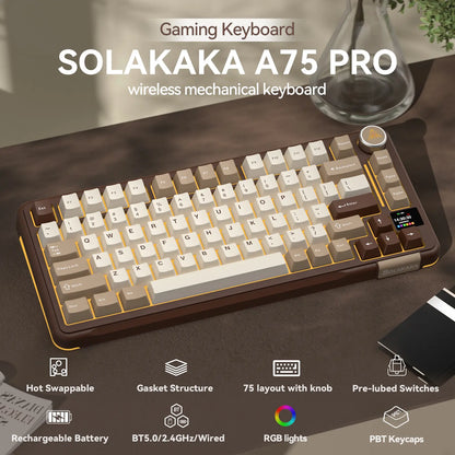 Solakaka A75 Pro Wireless Mechanical Keyboard, Tri-Mode 2.4G/BT5.0/USB-C, RGB Backlit Gaming Keyboard with Screen & Knob, Hot Swappable, Creamy Custom Keyboard for PC Mac Linux Milk Coffee Brown Color Home Office Desk Accessory