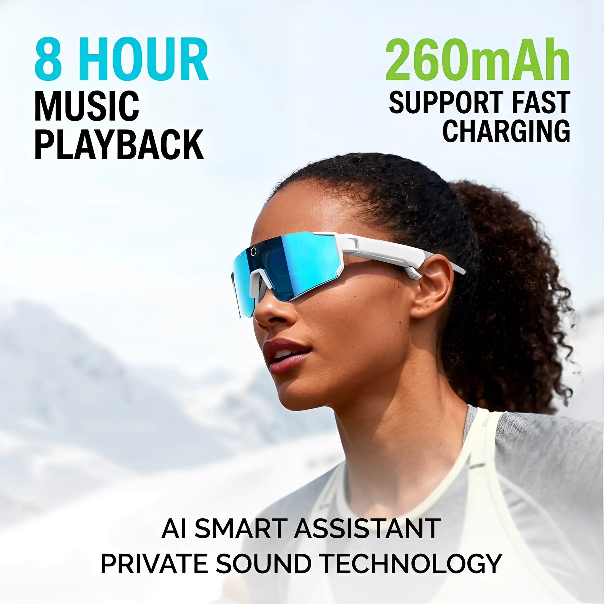Smart Sports Glasses with 8MP Camera, 2K Photo/1200P Videorecording Wearable Glasses, IP54 Waterproof Multifunctionalwireless Audio Bluetooth Glasses with Headphone, Outdoorsports Polarized Sunglasses with Al Voice Assistant, Uvprotection Eyeglass