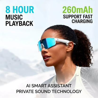 Smart Sports Glasses with 8MP Camera, 2K Photo/1200P Videorecording Wearable Glasses, IP54 Waterproof Multifunctionalwireless Audio Bluetooth Glasses with Headphone, Outdoorsports Polarized Sunglasses with Al Voice Assistant, Uvprotection Eyeglass