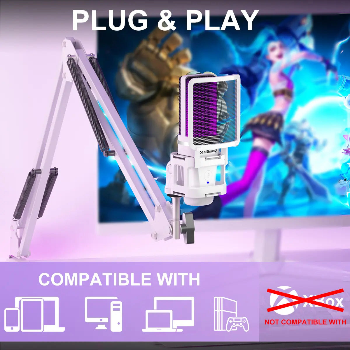 Zealsound USB Plug and Play Microphone with Type-C Adapter (NO LIGHTNING ADAPTER), RGB Microphone with One-Click Mute & Monitoring, Suitable for Phone, PC, Computer, PS4, PS5, MAC, Streaming, Podcast
