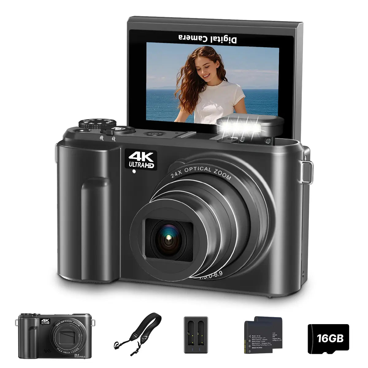 WIKICO 24X Optical Zoom Digital Camera for Photography, 4K 88MP Vlogging Camera for Youtube with 3" 180° Flip Screen, Point and Shoot Cam with 32GB Micro SD Card for Beginner Recording Recording,Summerwins