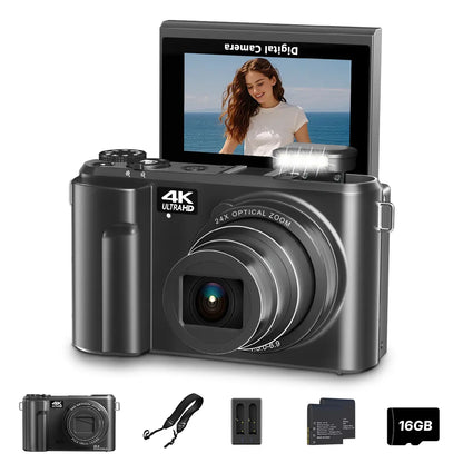 WIKICO 24X Optical Zoom Digital Camera for Photography, 4K 88MP Vlogging Camera for Youtube with 3" 180° Flip Screen, Point and Shoot Cam with 32GB Micro SD Card for Beginner Recording Recording,Summerwins