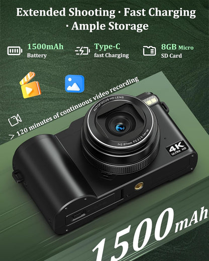 4K Digital Camera for Photography, 64MP Vlogging Camera for Youtube with 180° Flip Screen, 18X Zoom UHD Autofocus Video Camara, Compact with 32GB Micro SD Card for Teens, Boys & Girls, Beginners