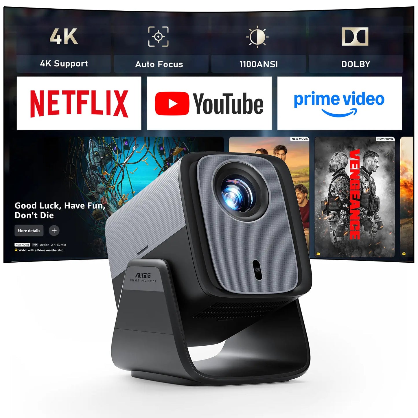 Auking 1100 ANSI Lumen Portable Projector – Auto Focus & Keystone, Dolby Audio, Wifi 6, Bluetooth 5.0, 50% Zoom, Stream Netflix/Youtube, 2-Year Warranty + 1V1 Support