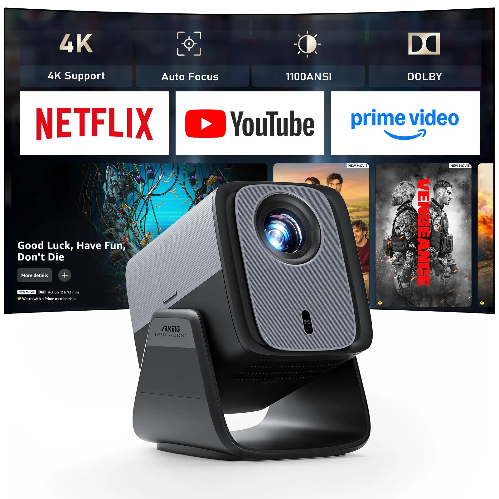 Auking 1100 ANSI Lumen Portable Projector – Auto Focus & Keystone, Dolby Audio, Wifi 6, Bluetooth 5.0, 50% Zoom, Stream Netflix/Youtube, 2-Year Warranty + 1V1 Support