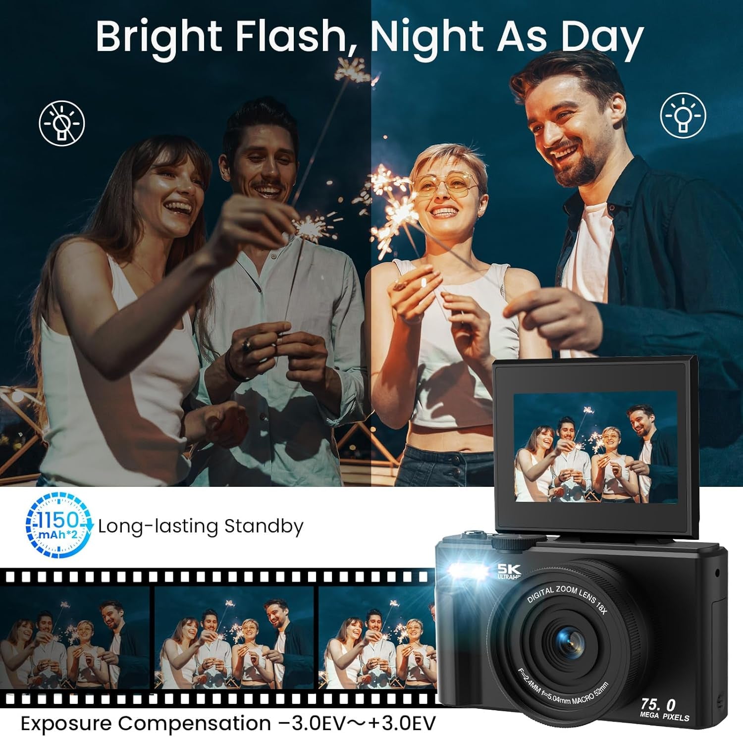 5K Digital Camera with 75MP Autofocus, WiFi Connectivity, 3" 180° Flip Screen, 18X Digital Zoom, 64GB SD Card, and 2 Batteries - Ideal for Photography and Vlogging Beginners, Black