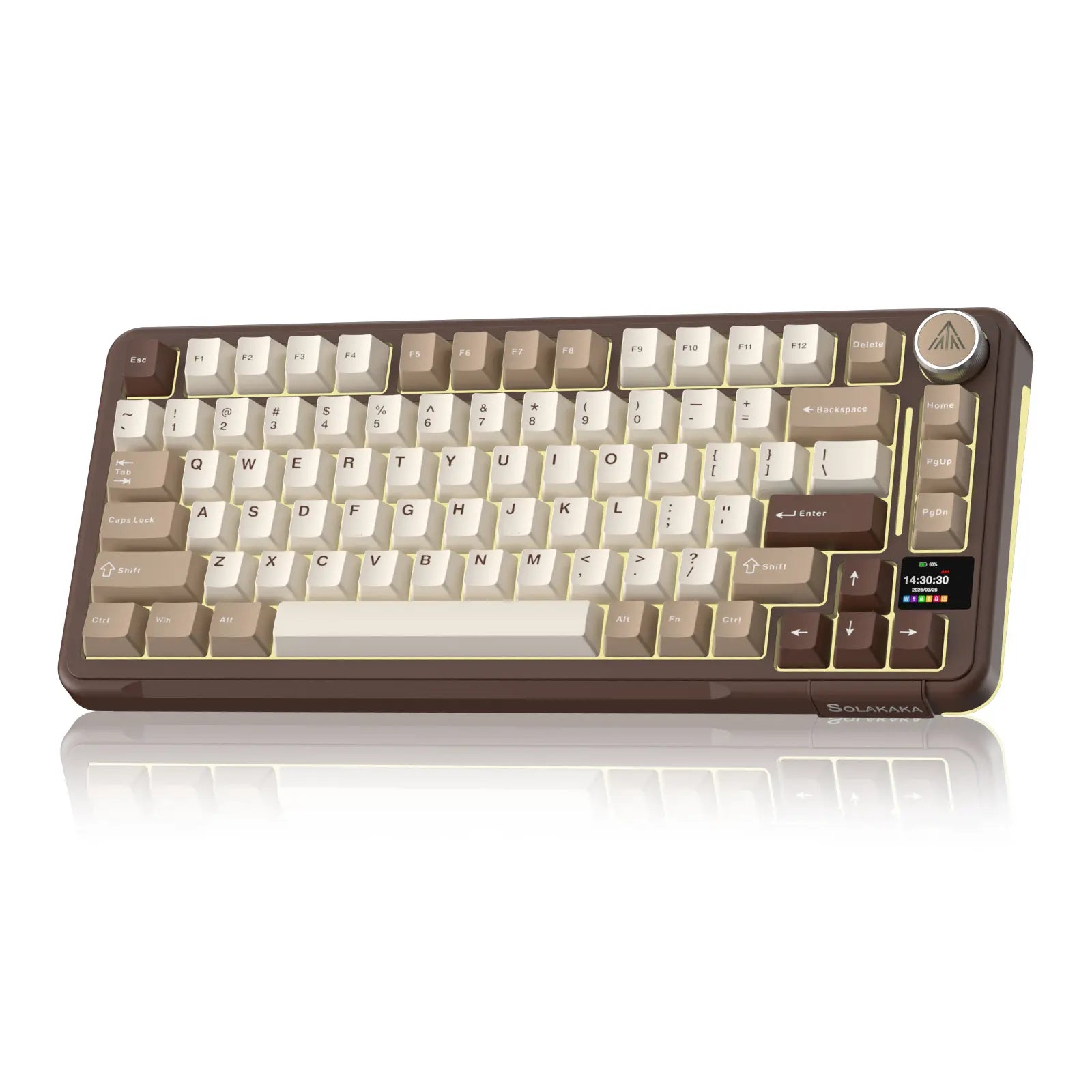 Solakaka A75 Pro Wireless Mechanical Keyboard, Tri-Mode 2.4G/BT5.0/USB-C, RGB Backlit Gaming Keyboard with Screen & Knob, Hot Swappable, Creamy Custom Keyboard for PC Mac Linux Milk Coffee Brown Color Home Office Desk Accessory