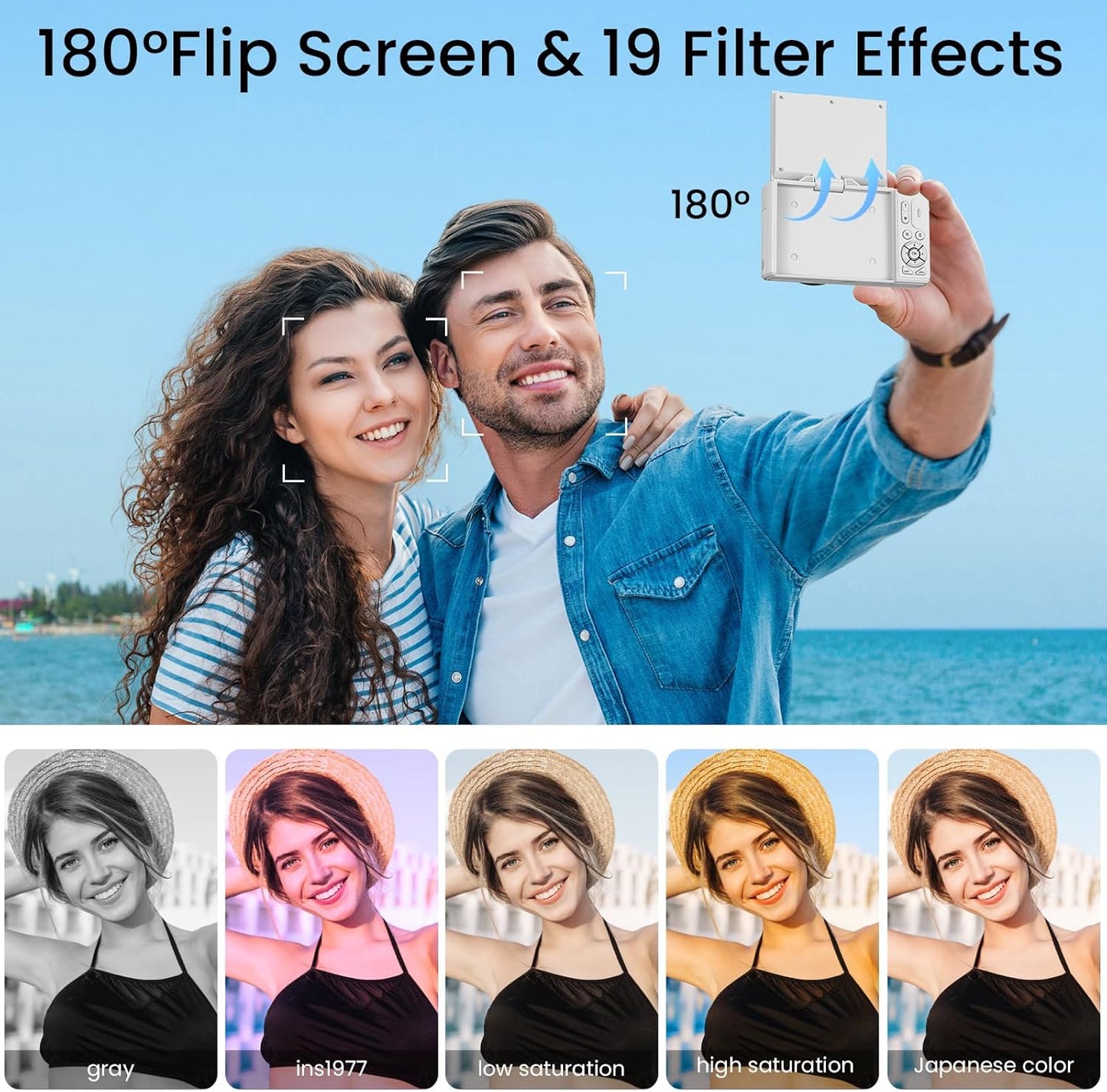 5K Digital Photography Camera with Autofocus, 75MP Resolution, Wifi Connectivity, and 3" 180° Flip Screen, Featuring 18X Digital Zoom, 64GB SD Card, and 2 Batteries - Ideal for Beginners, White