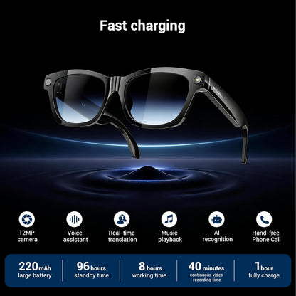 AI-Enhanced Smart Glasses with 12MP Camera, Bluetooth Calling, 4K HD Video Recording, Real-Time Translation, AI Voice Assistant, Object Recognition, and Polarized Lenses