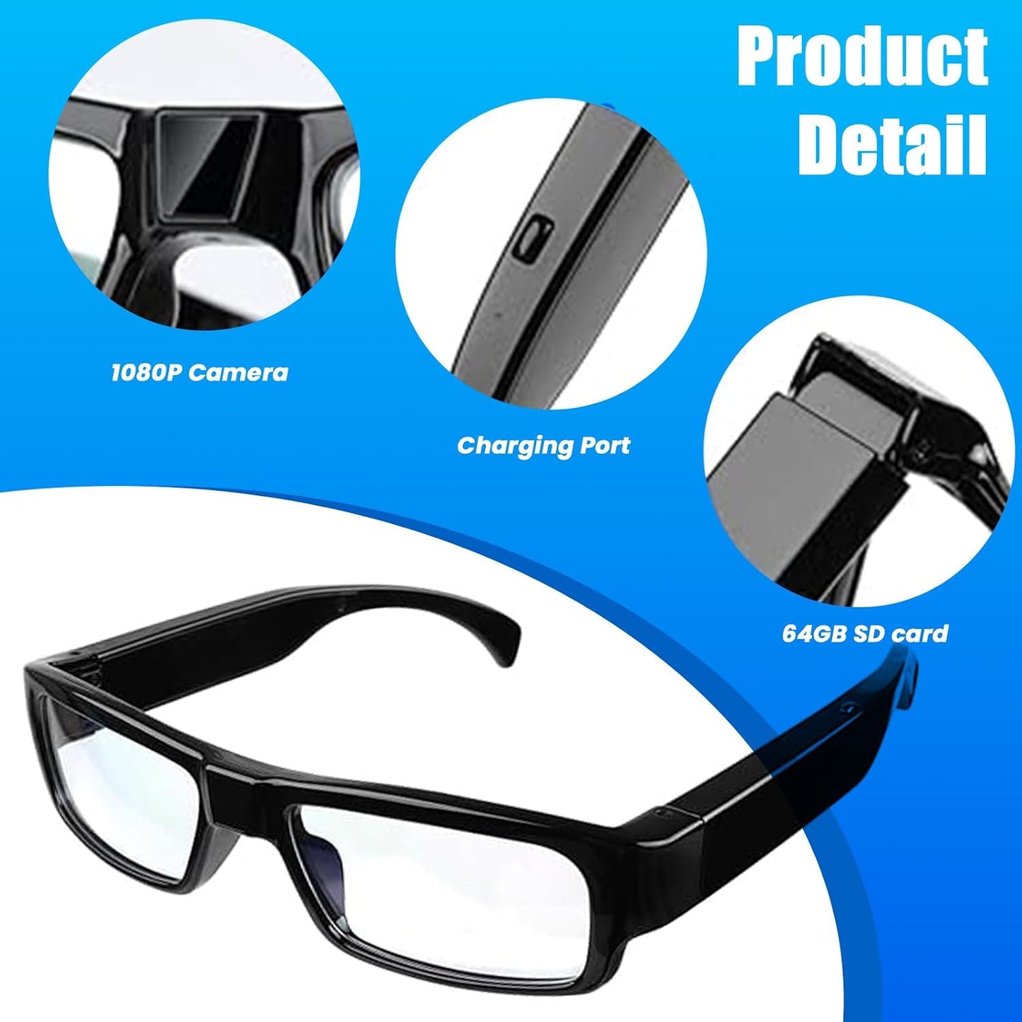 Camera Glasses Video Glasses HD with 64GB Memory Card Recording Glasses Smart Glasses Wearable Eyeglasses for Outdoor Sports