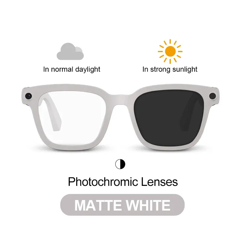 Smart AI Glasses with 8MP Camera, 1200P HD Video & Photo Capture Wearable for Travel, Real-Time Translation Support, Recording Glasses with AI Voice Assistant, Open-Ear Audio, Object Recognition, Bluetooth， Photochromic Lenses