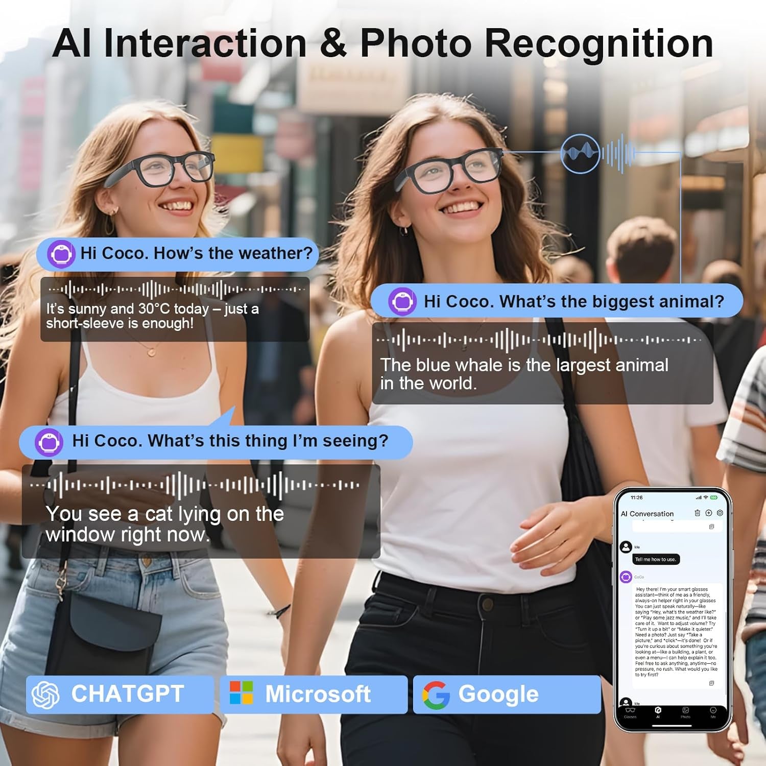 AI-Powered Smart Glasses with 8MP HD Camera, 1080P Video Recording, Voice Assistant, AI Object Recognition and Translation, Photochromic Lenses, and Bluetooth Connectivity for Travel, Work, and Vlogging