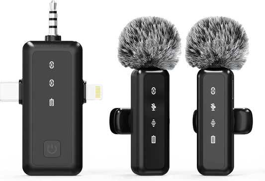 3-in-1 Wireless Lavalier Microphone for iPhone, iPad, Android, and Camera Devices with LED Display, USB-C Connectivity for Video Recording, Vlogging, TikTok, and Interviews