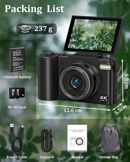 4K Digital Camera for Photography, 64MP Vlogging Camera for Youtube with 180° Flip Screen, 18X Zoom UHD Autofocus Video Camara, Compact with 32GB Micro SD Card for Teens, Boys & Girls, Beginners