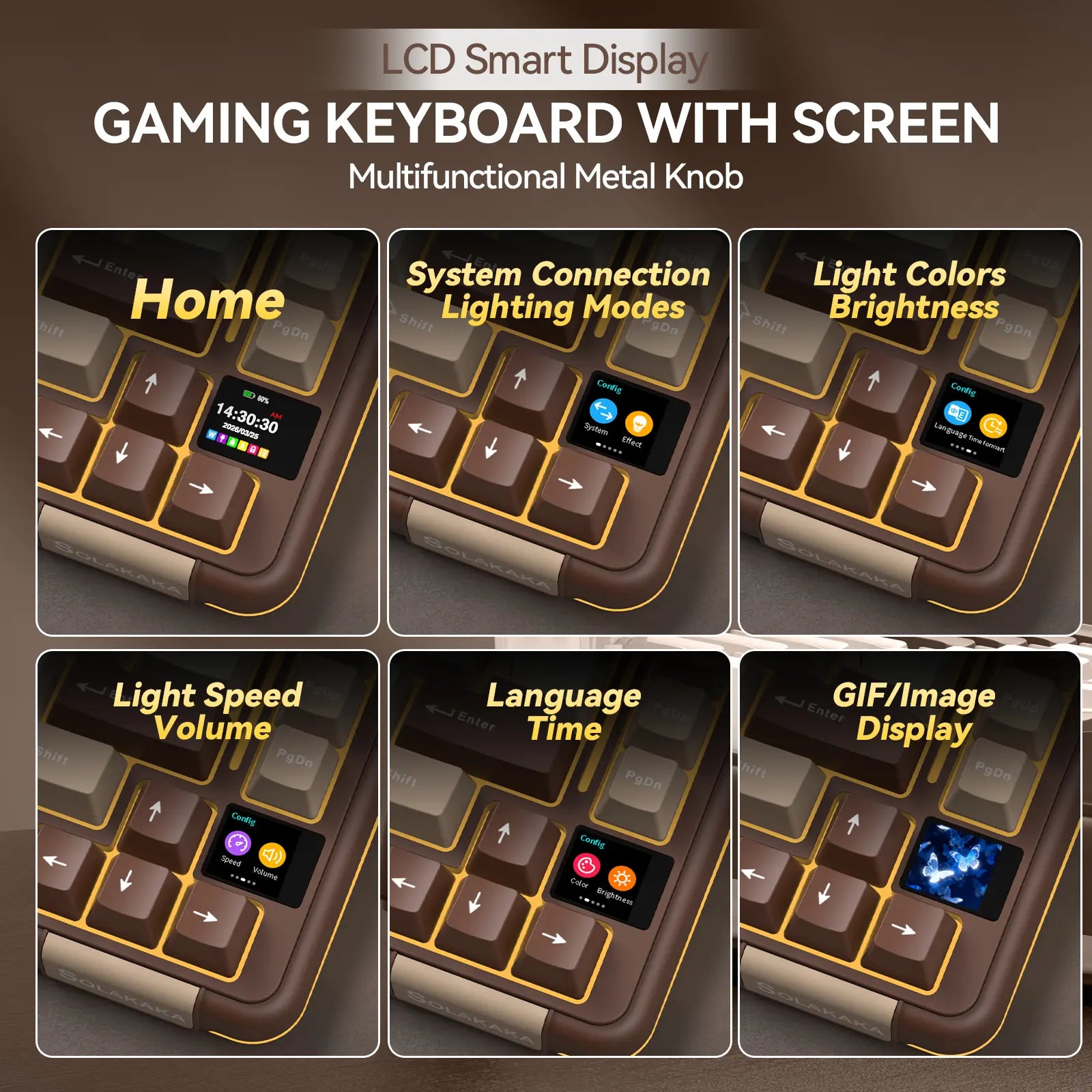 Solakaka A75 Pro Wireless Mechanical Keyboard, Tri-Mode 2.4G/BT5.0/USB-C, RGB Backlit Gaming Keyboard with Screen & Knob, Hot Swappable, Creamy Custom Keyboard for PC Mac Linux Milk Coffee Brown Color Home Office Desk Accessory